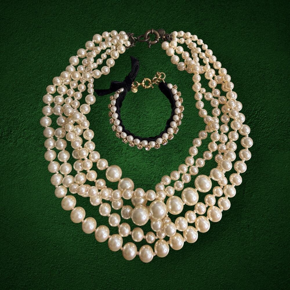 J.Crew Faux Pearl Multi Strand Statement Necklace 21”&Rhinestone Bracelet7,5-8,5